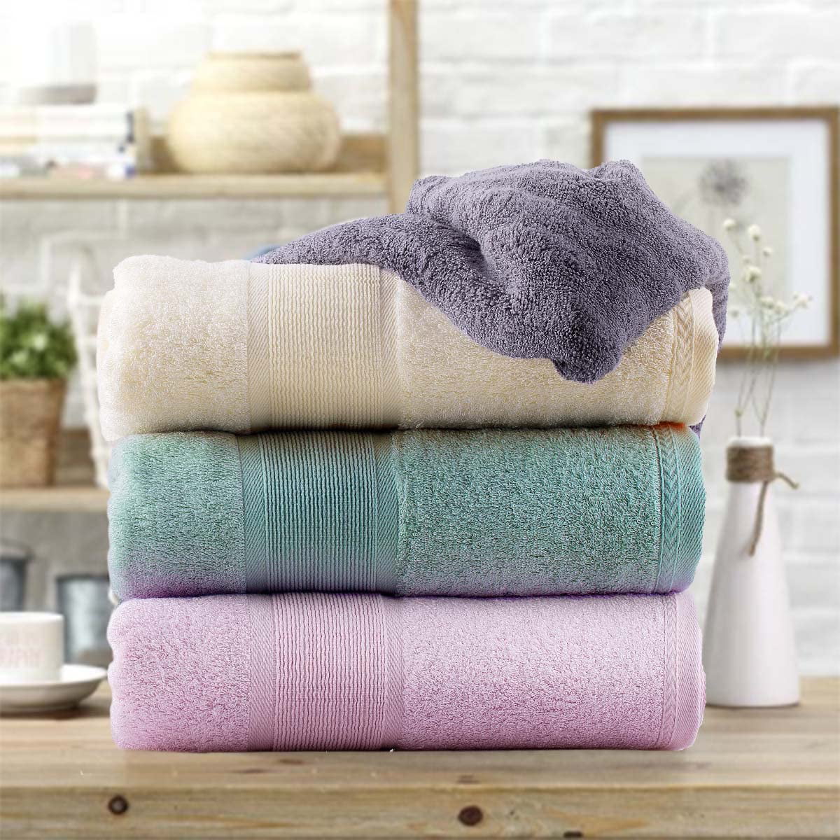 6-Piece Solid Hypoallergenic Towels Ultra-Soft Bamboo Cotton Blend Towel Set 