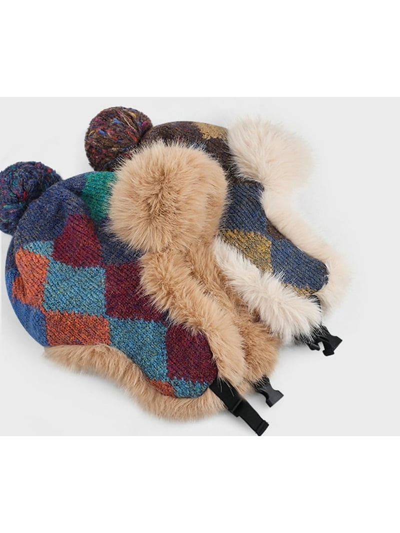 Fleece Trapper Hat Ear Flap Plaid Winter Ski Cap Windproof Slouchy Beanie Trapper Hat Plaid main image 3