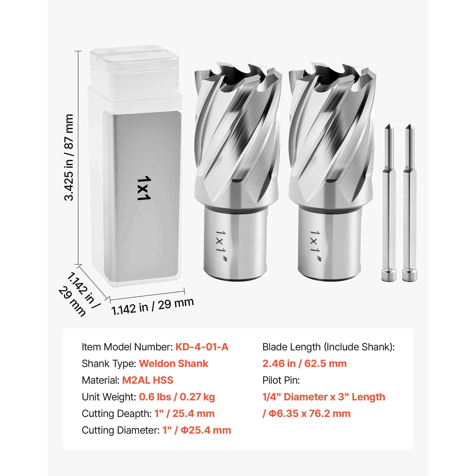 KFFKFF Annular Cutter Set, 4-Piece Weldon Shank Magnetic Drill Bit Kit, 1-Inch Cutting Depth and Diameter, High-Speed Steel, Includes 2 Drill Bits, 2 Pilot Pins, and Plastic Cases