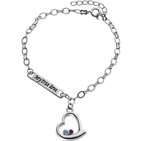 Personalized Planet Women's Rhodium Plated "My true love" Birthstone Heart Bracelet