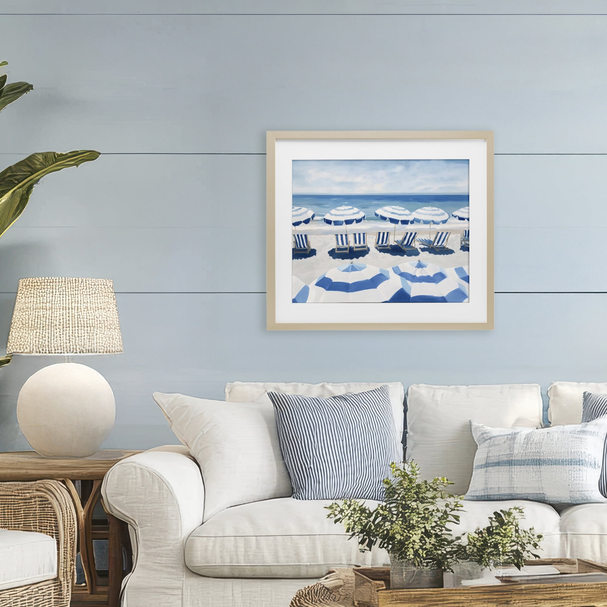 Stupell Industries Beach Nice Blue Striped Umbrellas Birch Framed Print Under Glass, design by Sisi and Seb