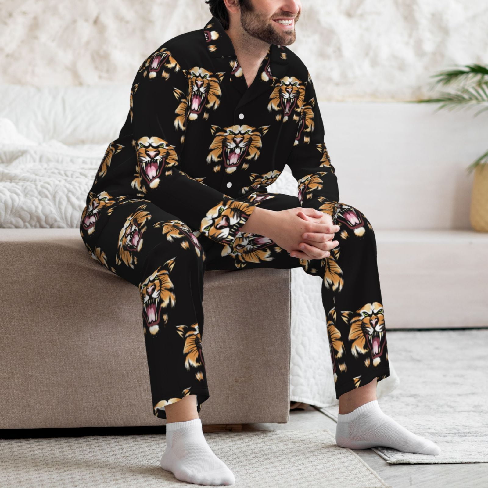 Mens Pajamas Set - funny Tiger Soft Comfy Long Sleeve Button