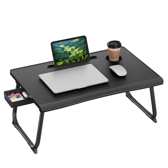 SONGMICS Foldable Lap Desk, Portable Bed Desk Table Tray w/Cup Holder Tray 23.6" x15.7" Laptop Table with Tablet Slot/Drawer, Sturdy and Durable