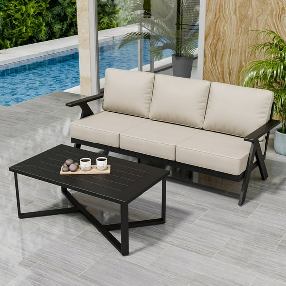 EAGLE PEAK Urban Slate 2 Piece Modern Outdoor Patio Furniture Set, Outdoor Couch and Coffee Table Set, Black/Beige