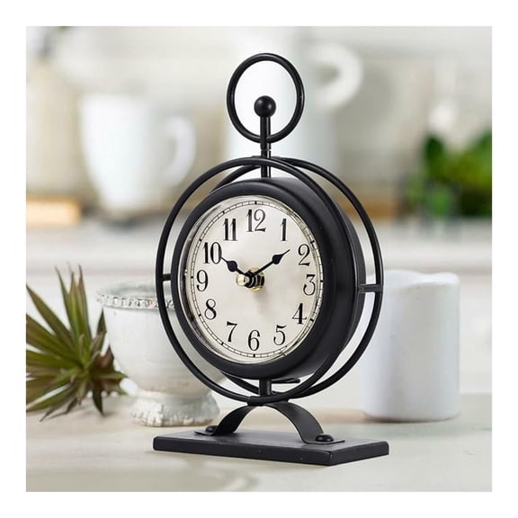 Vintage Metal Table Clock on Stand, Decorative Desk and Shelf Clock, Rustic Black Mantel Clock for Kitchen, Living Room, Silent Desk Clock Farmhouse Shelf Decor Battery Operated