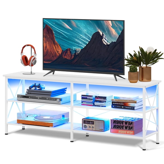 GALAXHERO 70 Inch TV Stand for Living Room & Bedroom, 63" Media Console with LED Lights & 3-Tier Shelves, White