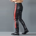 thumbnail image 5 of Men's Full-Length Motorcycle Biker Pants Stretchy PU Faux Leather with Color-Block Patchwork Cone-Shaped Slim Fit Outdoor Casual Trousers, 5 of 7