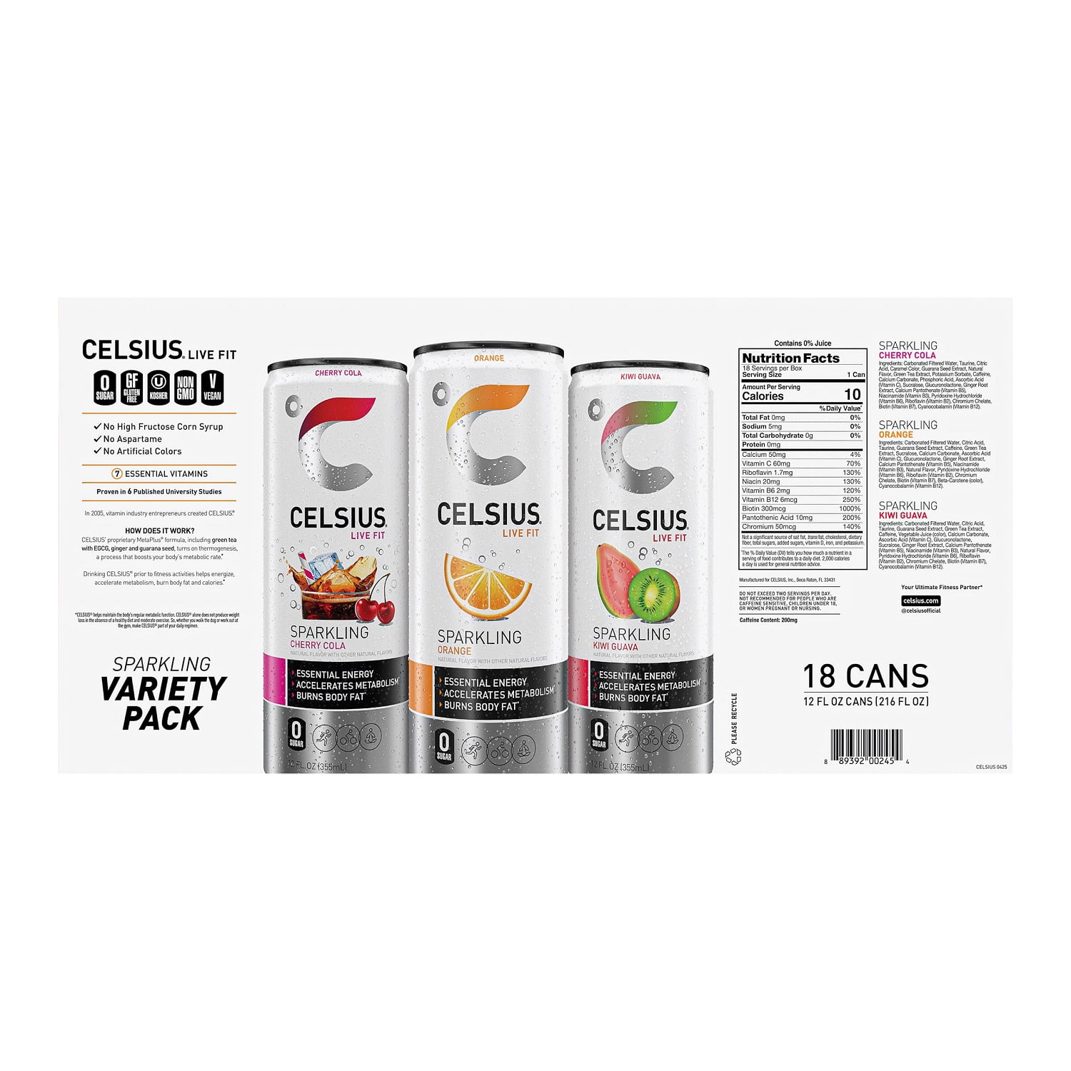 Celsius Live Fit Energy Drink, Variety Pack, 12 Fluid Ounce (Pack of 18)