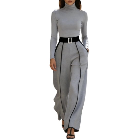 IWRICH Business Casual Outfits for Women Bodycon Belted Wide Leg Pants Slim Fit Long Sleeve Turtleneck T Shirts Work Dressy 2 Piece Sets Grey XS