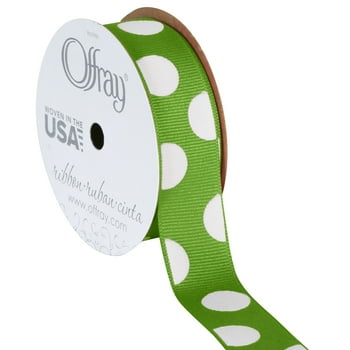 Offray Ribbon, Apple Green with Polka Dot 7/8 inch Grosgrain Polyester Ribbon, 9 feet