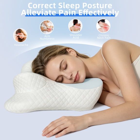 DalisTairy Cervical Memory Foam Pillow,Ergonomic Bed Pillow For Side with Cooling Breathable Pillowcase,Individual Packaging Design,Blue & White