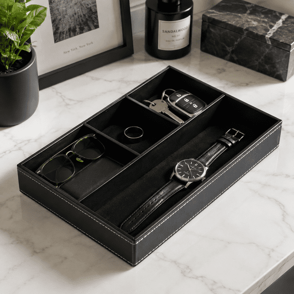 THDFTDT Leather Valet Tray for Men with Separate Tray, 4 Compartments, Stackable, 12.2 in, BLACK, 1 Piece