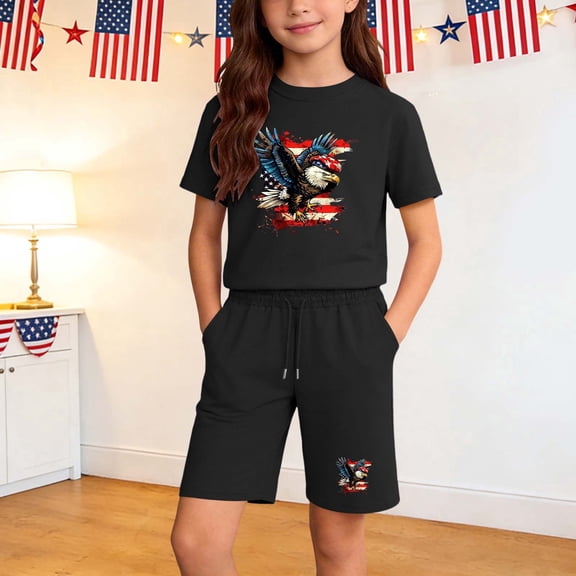 Boys Girls 2 Piece Cotton T-Shirt and Shorts Summer Outfit Set, Kids Casual Clothing Black, Size 7T