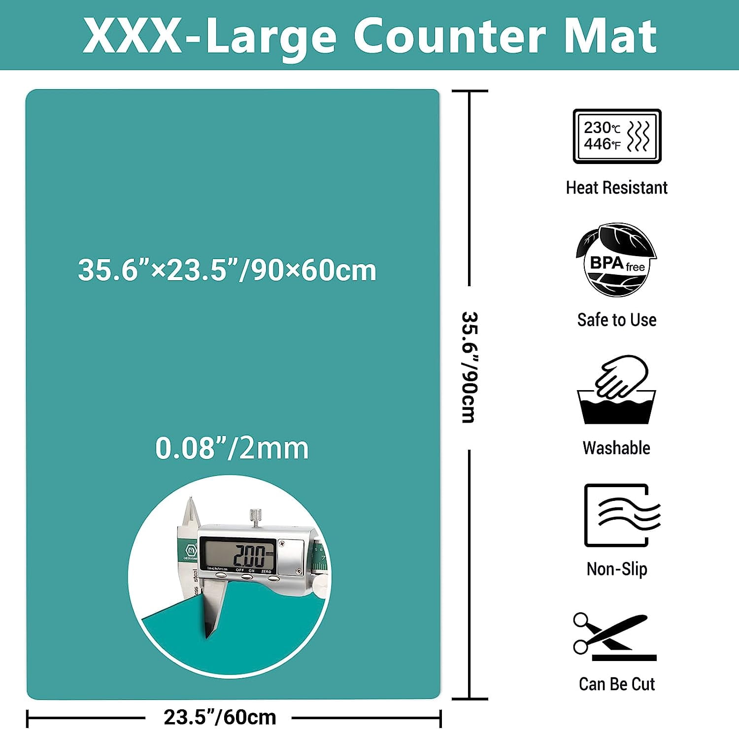 35.6x23.5 Inch Silicone Mats for Kitchen Counter - 2MM Thick Heat Resistant Silicone Baking Mat Large Pastry Mat, Glass Top Stove Cover Countertop Protector Pad for Resin, Crafts, Green