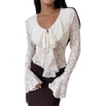 thumbnail image 2 of Women'S Lace Blouse V Neck Bell-Sleeve Ruffled Long-Sleeve Casual Spring Fall Top White L, 2 of 9