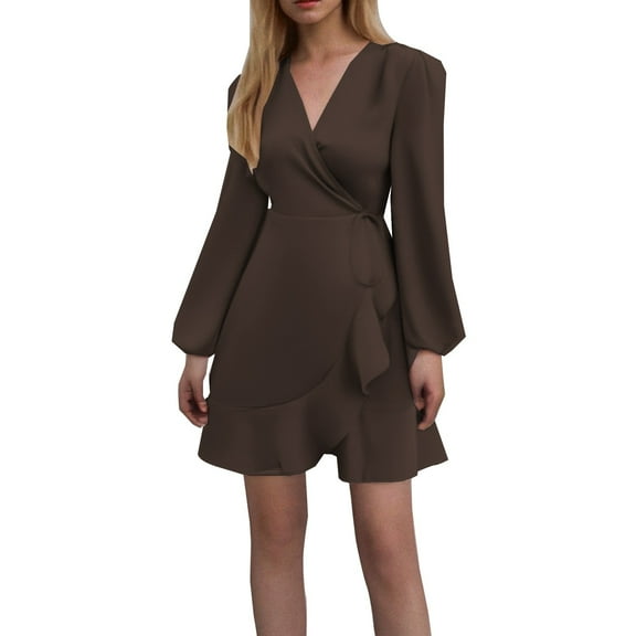 Plus Size Women's Fall Flowy Mini Dress Deep V-Neck Long Sleeve Waist Tie Ruffle Swing Skater Party Casual Elegant Dresses