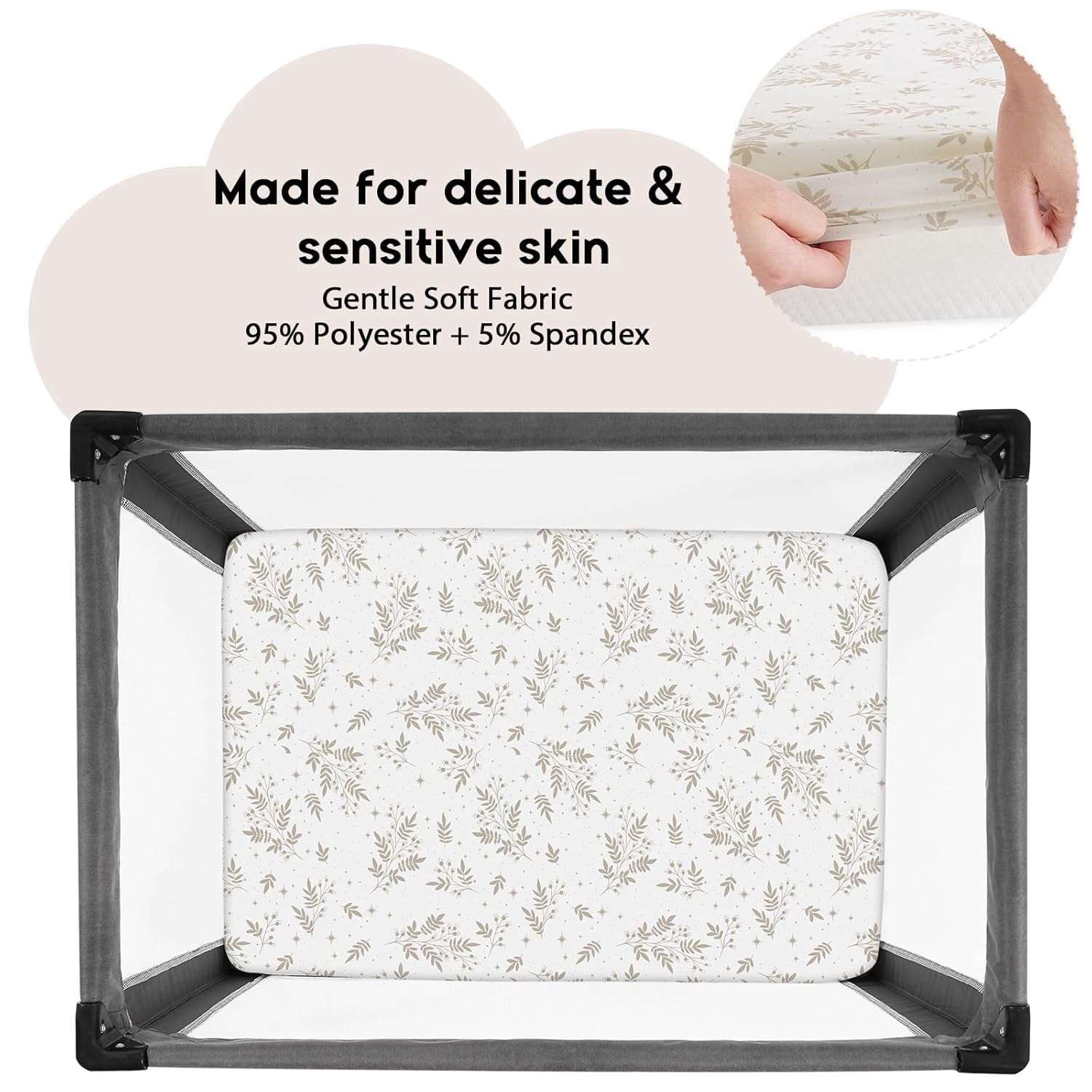 JJEAN-Pack and Play Sheets Fitted, Mini Crib Sheets 2-Pack for Pack N Play Mattress, Stretchy Playard Sheet, Soft and Breathable Brown+Leaf