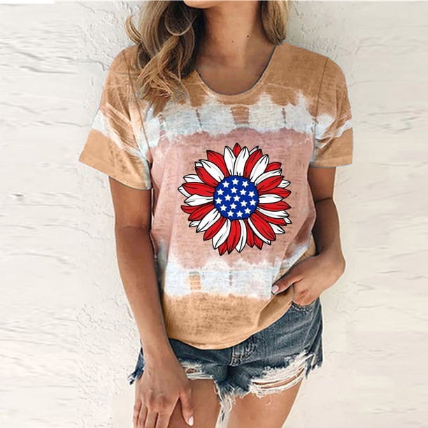 Fiudx Liquidación de Ahorros de Verano Camiseta de Manga Corta con Cuello Redondo y Estampado Del Día de La Independencia para Mujer
