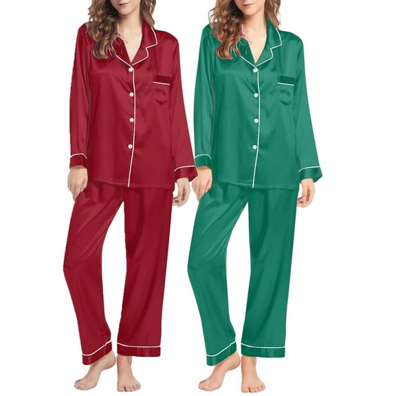 Pxiakgy Pajamas for Women Set Lady's Autumn Pajamas Long Sleeve Shirt Set Solid Color Casual Small Lapel Cardigan Wear Satin Pajama Set for Women Z-Green1 M