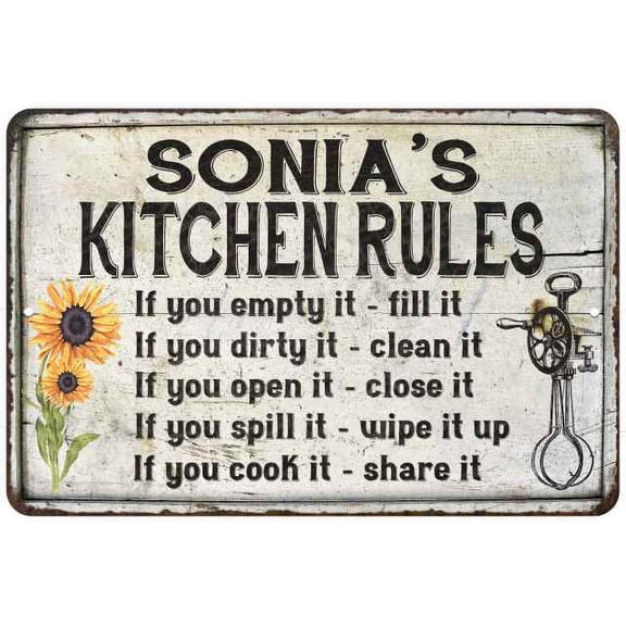 Sonia's Kitchen Rules Chic Sign Vintage Decor 8 x 12 High Gloss Metal 208120032287