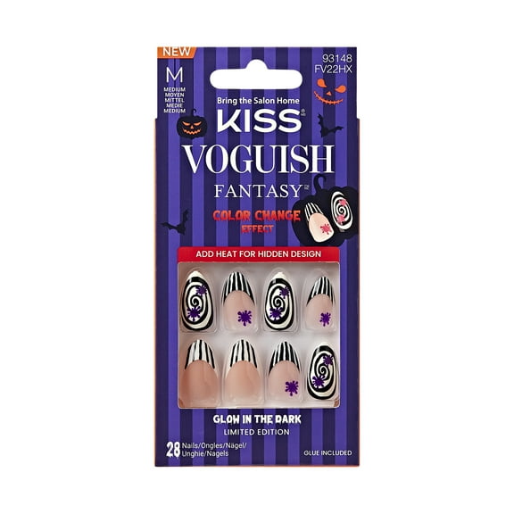 KISS Voguish Fantasy Glow in the Dark & Color Change Effect, Press On Nails, Bloody Circus, Black, Medium Almond, 28 Count