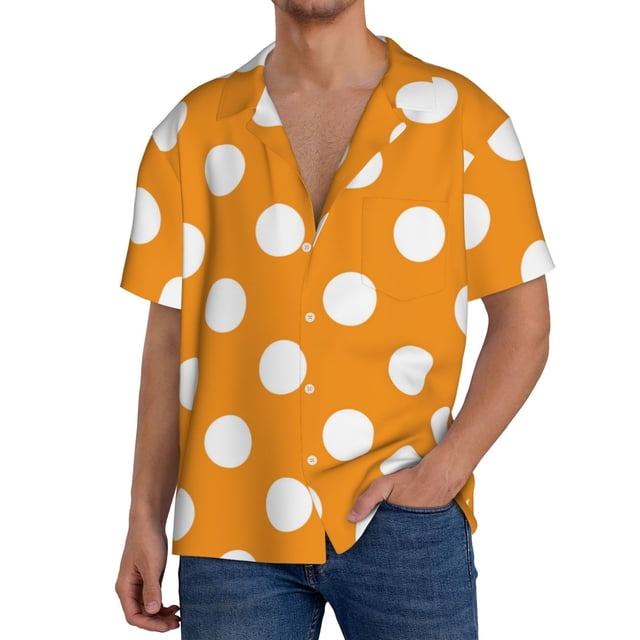 Fotbe Orange And White Polka Dot Camisa Estampada de Manga Corta para Hombre, Casual de Verano, Estilo Playero, Sin Arrugas-3X-Large