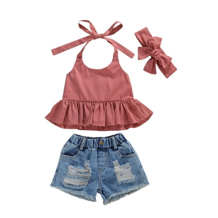 

Canrulo Toddler Baby Girl Ruffle Halter Crop Top+Ripped Denim Jeans Shorts Summer Outfits Clothes Pink 1-2 Years