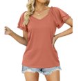 thumbnail image 1 of Camiseta casual cómoda de color puro, de color rojo anaranjado, de manga corta, con cuello en V XXL y volantes para mujer, 1 of 5