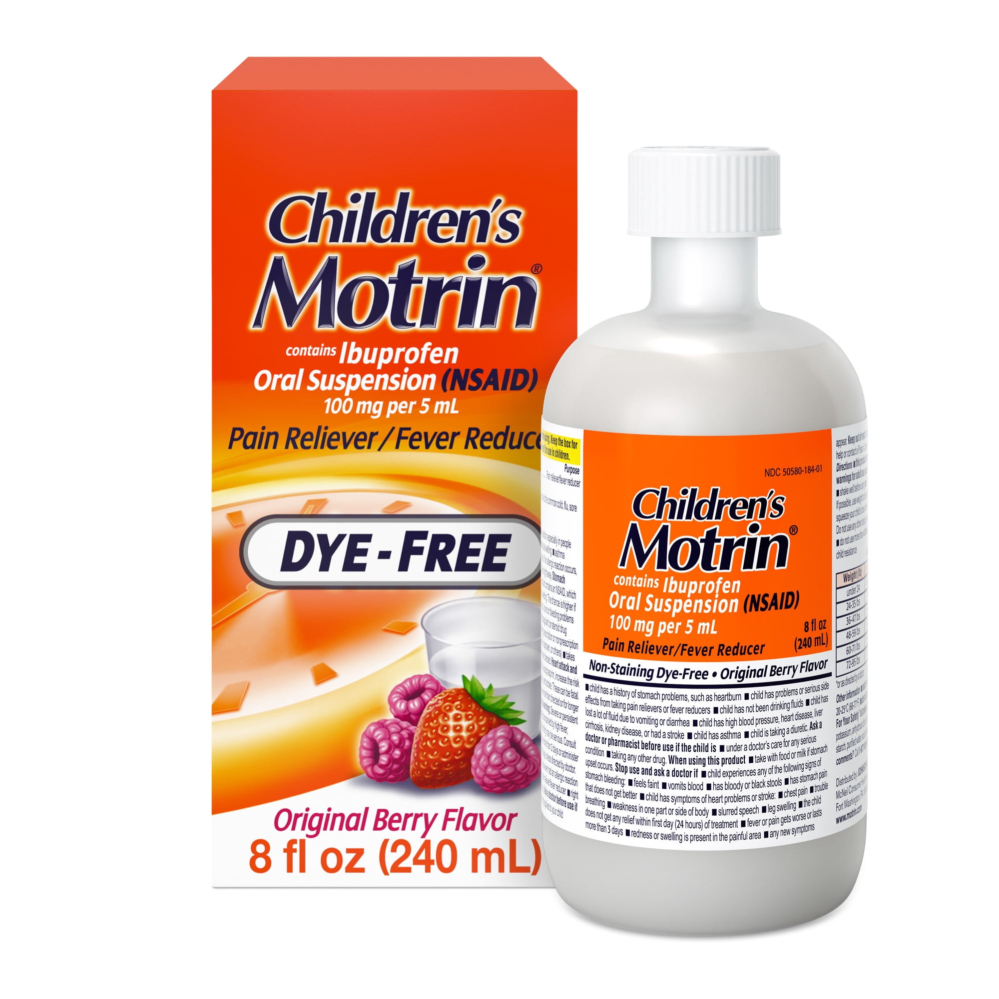 Children’s Motrin Dye-Free, Oral Suspension Liquid, Ibuprofen, Pain Reliever, Berry Flavor 8 Fl oz