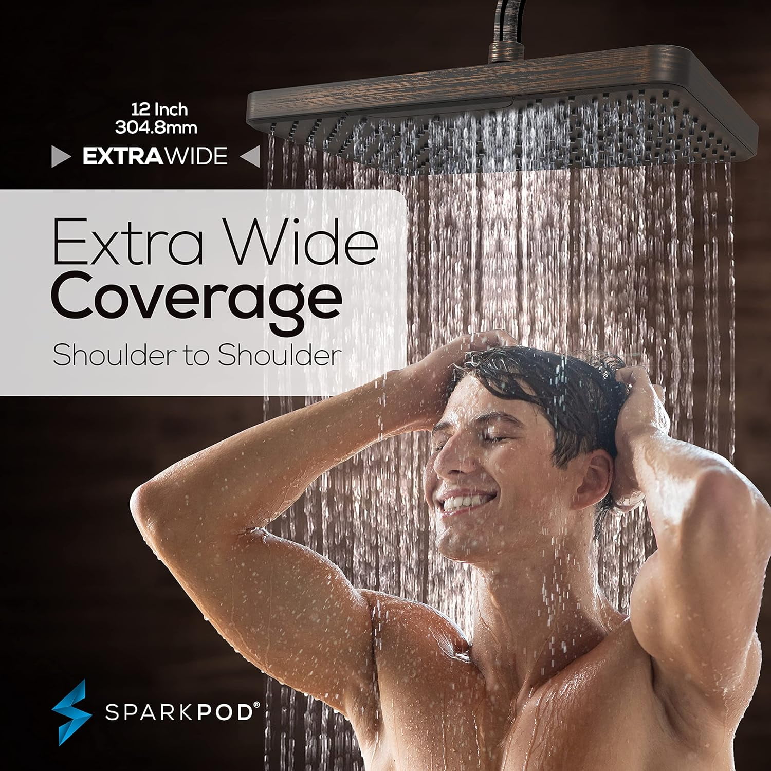 SparkPod 12" Rainfall Shower Head - Wall/Ceiling Mount - High Pressure, Anti-Clog, Easy Install (Oil-Rubbed Bronze)