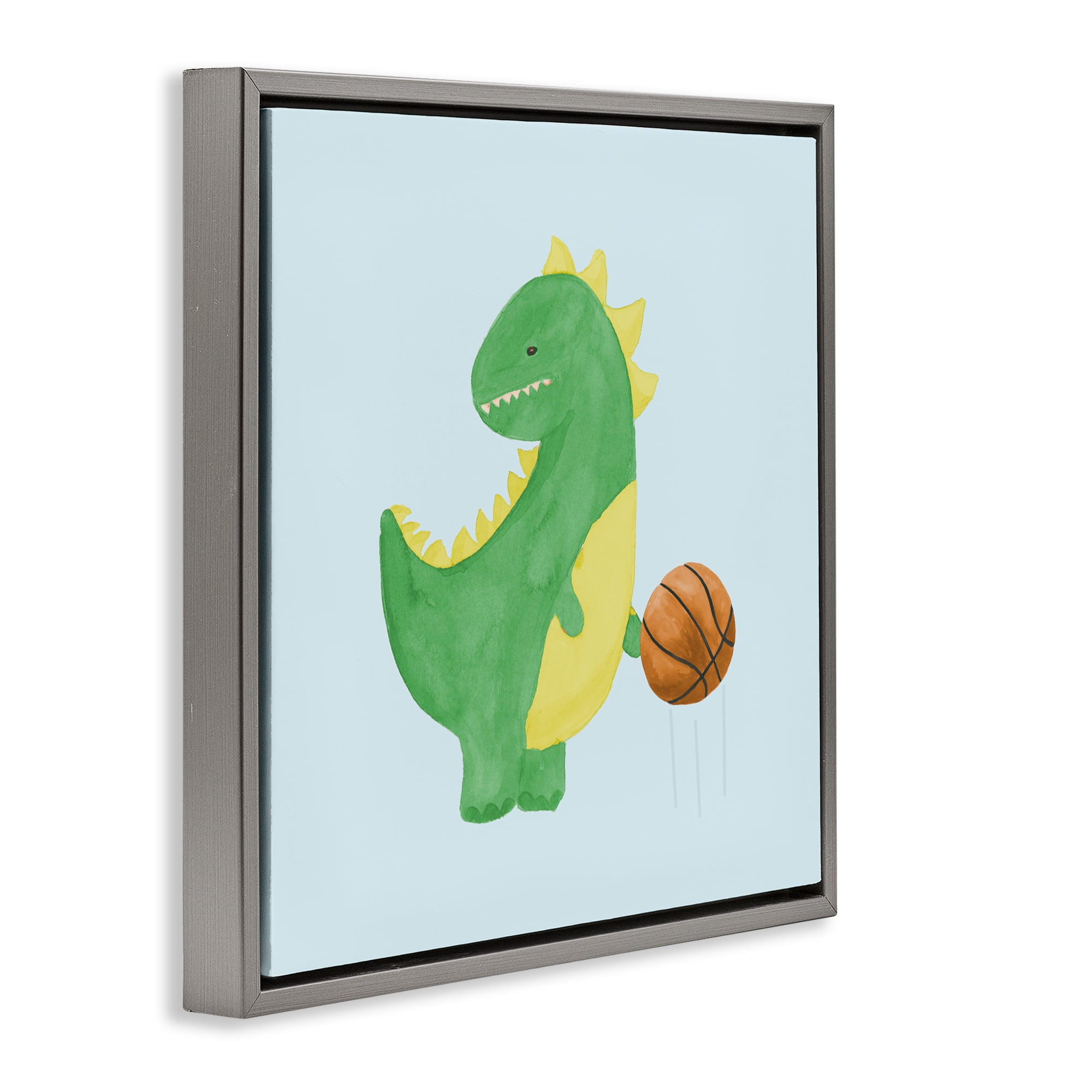 Stupell Industries Baby Dino & Basketball Gray Framed Floater Canvas Wall Art, design by Lucille Price