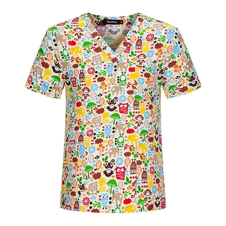 

Women Scrubs Tops Short Sleeve V Neck Cartoon Printed Top Nursed Working T Shirts Blouse With Pockets Nurse Workwear