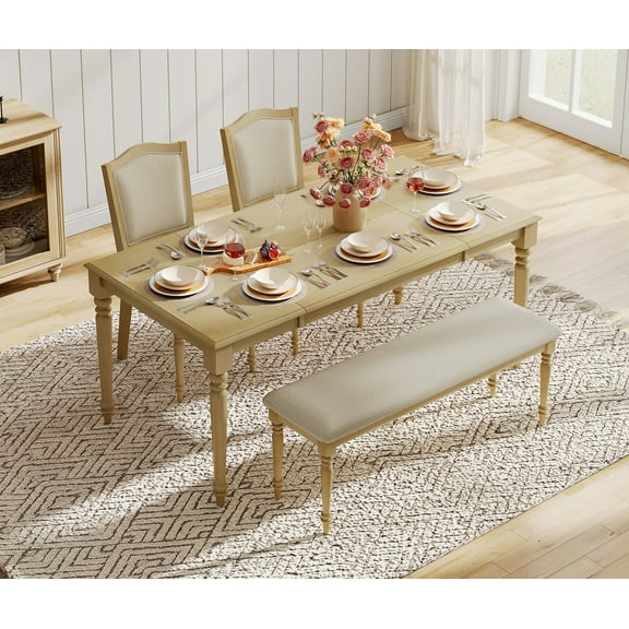 4 Piece Dining Table Set for 4-8 People - Includes One Dining Table, 1 Upholstered Benches, 2 Wood Dining Chairs, Rustic Dining Set for Kitchen, Oak