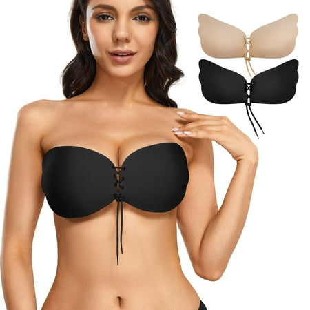

Irisnaya 2 Pack Adhesive Strapless Bra Push Up Backless Sticky Invisible Drawstring Nipple Covers Silicone Bra for Women(Black XX-Large)