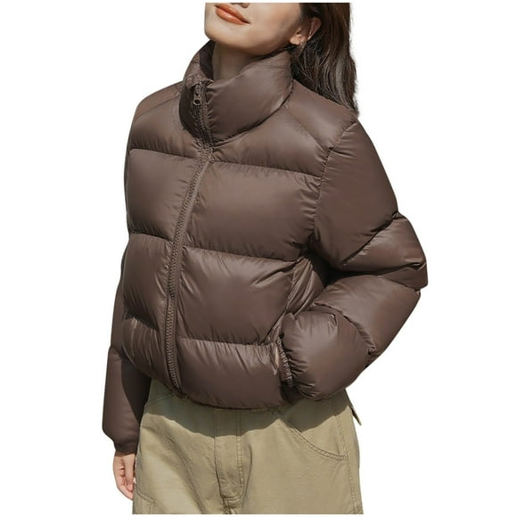 NTACZA Puffer Womens Coats Zip Front Bronze Barn Coats Stand Collar Cropped Solid Clothes Jackets for Women L