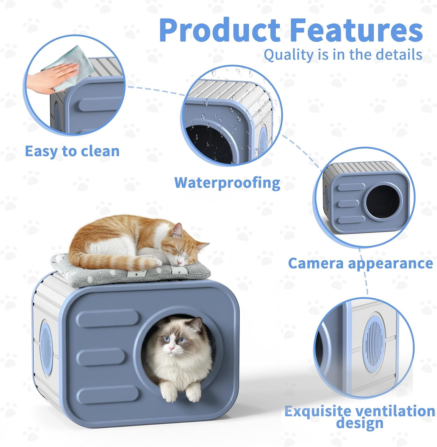 Joxxoaa Outdoor resin weatherproof cat house,with mat ventilated and insulated for Cats,Kittens,Puppies,washable,easy to assemble,scratch and bite-resistant,non-stick to hair (blue)