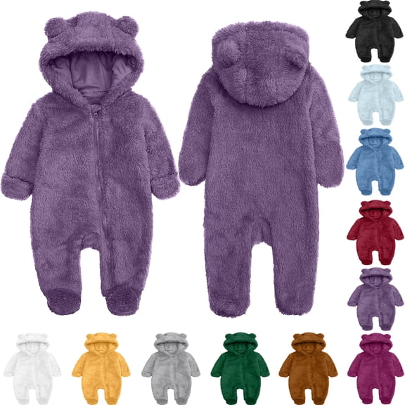 Romper Hooded Winter Snowsuit Clothes Toddler Baby Girls Boys Long Sleeve Solid Color Warm Onesie Round Neck Jumpsuit Romper Purple 3 Months