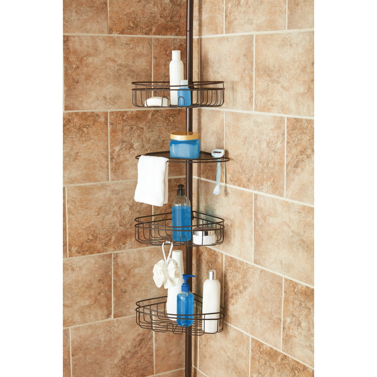 Mainstays Tension Pole Shower Caddy, Rust Resistant Steel, 3 Shelf, Satin Nickel, Size: Fits in All Standard Tub and Shower corners.