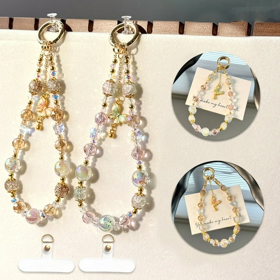 2 Pcs Crystal Phone Charms Strap with 2 Tether Buckles, Beaded Bracelet Wrist Lanyard, Butterfly Keychain, Case Accessories for Camera Wallet Handbag