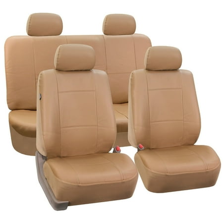 Solid Bench Seat Covers - FH Group Tan PU Leather Front Low Back Buckets and Solid Bench Car Seat Covers Full Set