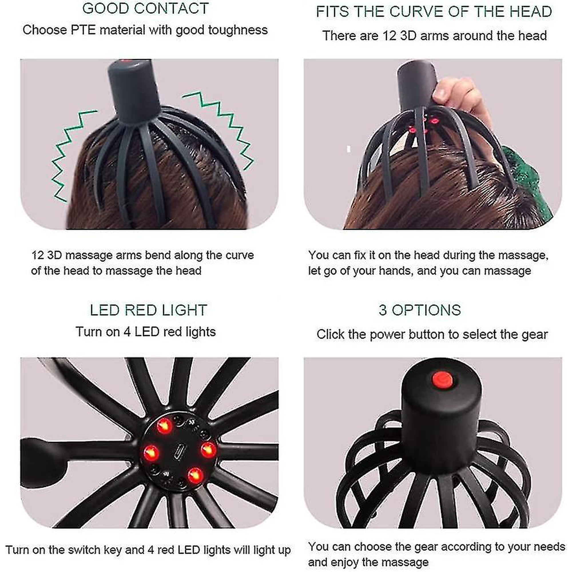 Masseur De Tête électrique Rechargeable USB – Forme Poulpe, Vitesses Multiples, LED, Portable