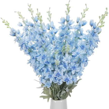 8 artificial Delphinium flowers, 34.6 inches long, in light blue, silk flower stems 34.6 inches long, suitable for tall vases, floral arrangements, and floor displays.