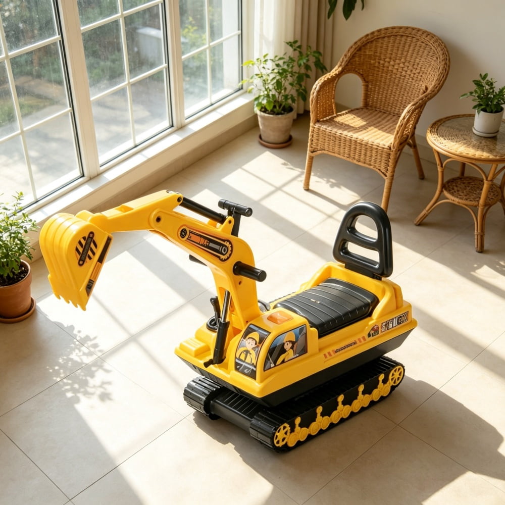 No Power Excavator Toy, Durable Ride On Tractors Digger Movable Scooter Walker, Basket Storage for 18-48 Months, Yellow Black