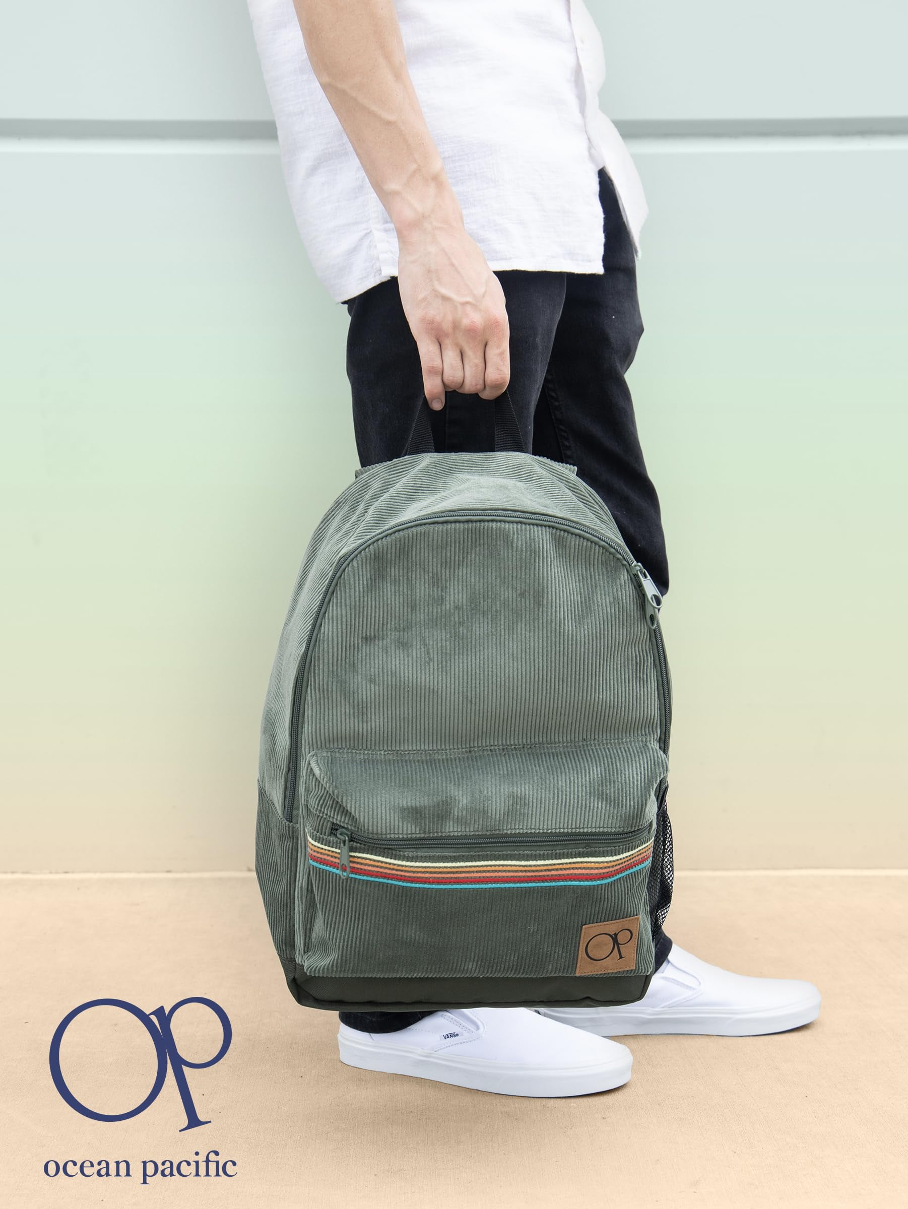 Ocean Pacific OG Corduroy Backpack for Travel, Waterproof College Fits 15.6” Laptop, Adults, Olive