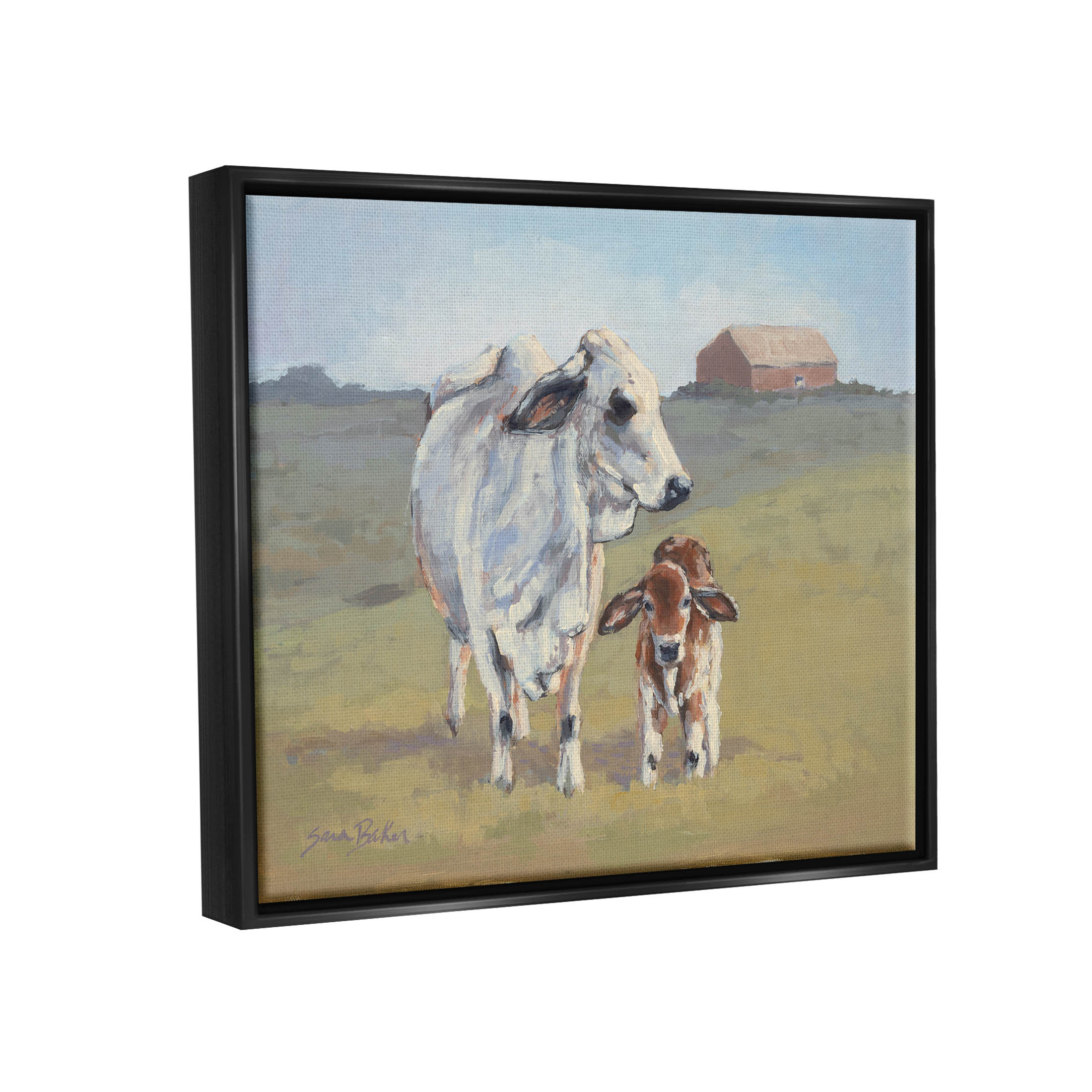 Baby Cow Family Farm Portrait Animals & Insects Painting Jet Black Framed Art Print Wall Art