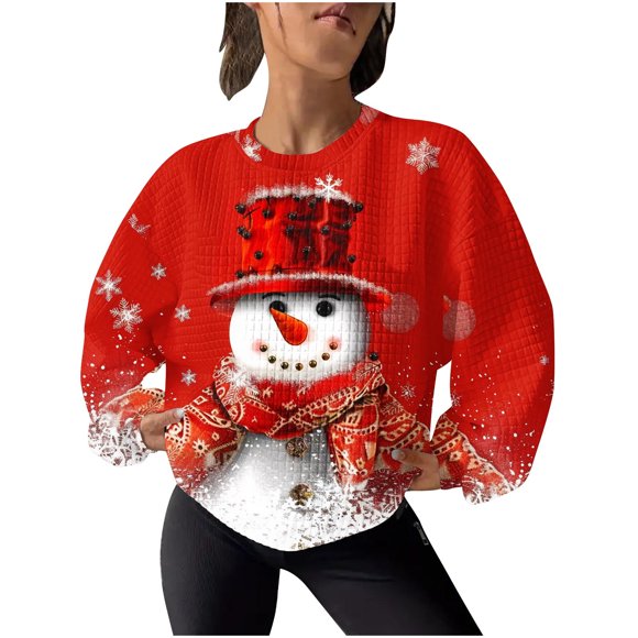 Rbaofujie Womens Hoodie Christmas Fashion Women's Casual Ladies Printed Loose Long Sleeve Round Neck Blouses Tops Hoodless Sweatshirts Red Halloween Sweater