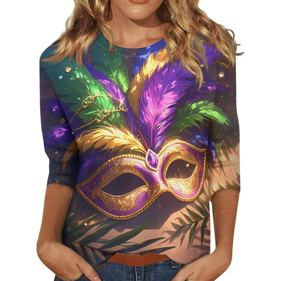 Dresfit Women's Mardi Gras Shirts Crew Neck 3/4 Sleeve Parade T-Shirt 2026 Plus Size Graphic Party Blouse Funny Holiday Tunic Top Multicolor M