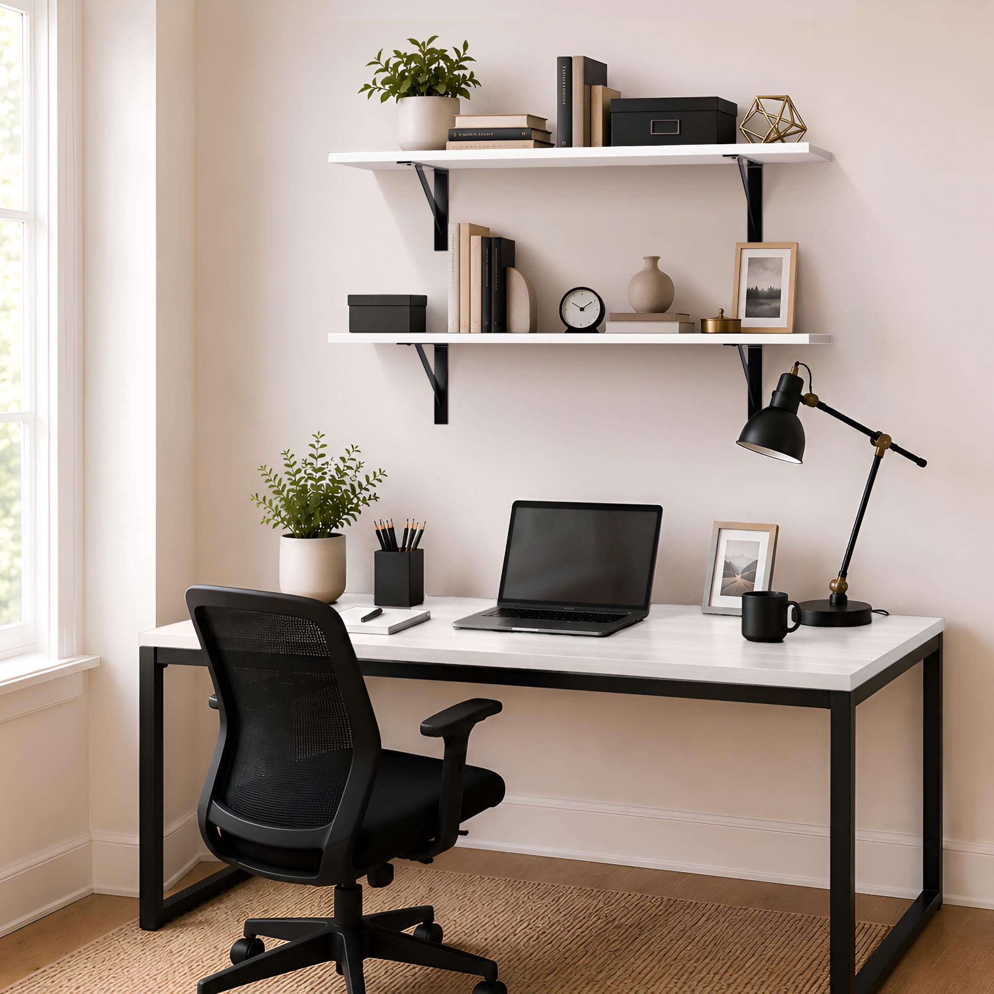 Sorbus 31.5 in Wood Wall Shelves with Black Metal Brackets, White, 2-Piece Set