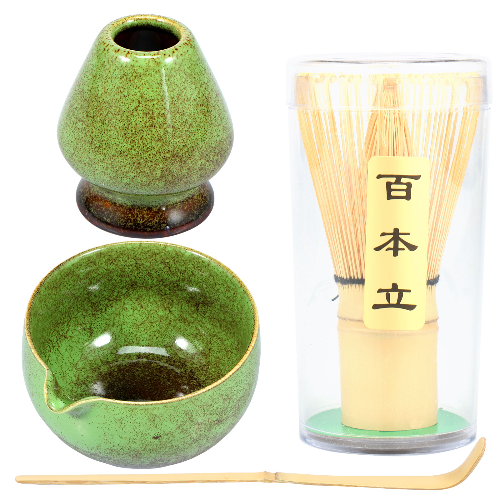 Set Servizio Matcha Giapponese 4 Pezzi: Ciotola Con Beccuccio, Frusta E Cucchiaio In Bambù, Supporto