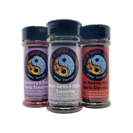 Fire and Water Cooking Gourmet Seasoning 3 Pack Blueberry and Black Garlic  Black Garlic and Coffee  and All Purpose Black Garlic Seasonings